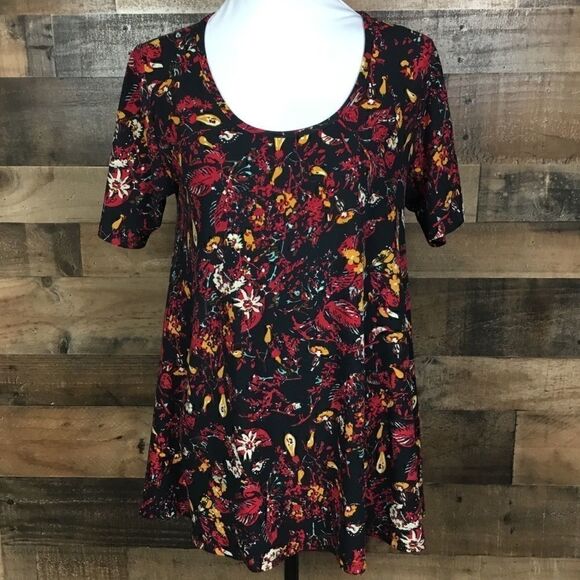 LulaRoe Top Perfect Tee Round Neck Black Red Floral Print Short Sleeve XS - Picture 4 of 7